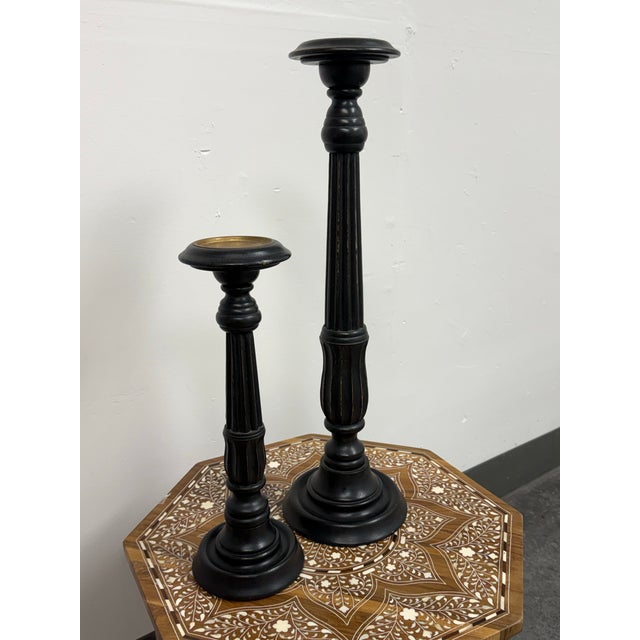 Modern Global Views Ebony Wood Candle Holders, Set of Two For Sale - Image 3 of 12