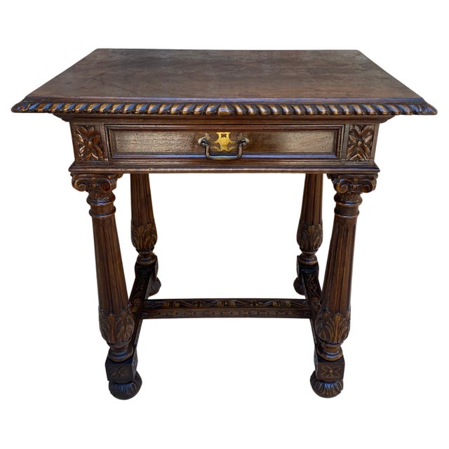 Early 20th Century Spanish Carved Walnut Side Table with One Drawer, 1940s For Sale - Image 15 of 18