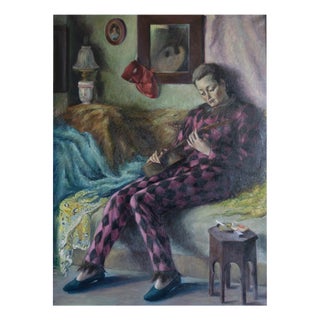 Follower of José Manuel Capuletti, Harlequin Figure with Guitar, 1950s, Oil on Canvas For Sale