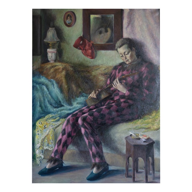 Follower of José Manuel Capuletti, Harlequin Figure with Guitar, 1950s, Oil on Canvas For Sale