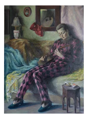 Follower of José Manuel Capuletti, Harlequin Figure with Guitar, 1950s, Oil on Canvas