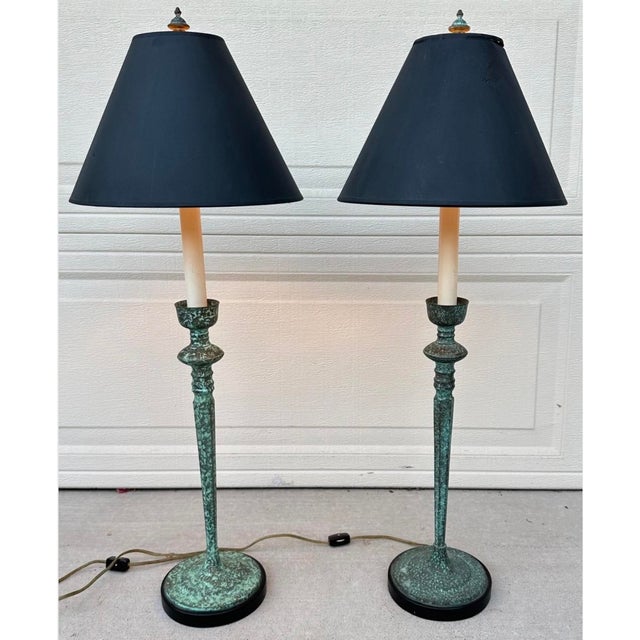 Pair of Vintage Frederick Cooper Verdigris Candlestick Buffet Table Lamps Description : Elevate your space with this...