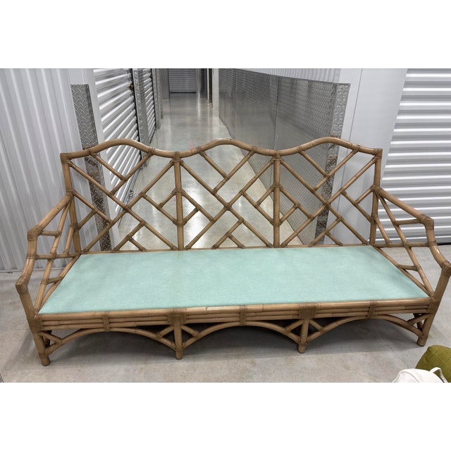 Contemporary David Francis Attributed Chippendale Rattan Sofa Set. Couch, Chair and Ottoman, Used, Like New, for Fraction of Price. For Sale - Image 3 of 12