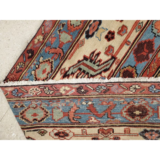 Antique Bakshaish Carpet, Oriental Persian Handmade in Ivory, Blue and Red For Sale - Image 11 of 18