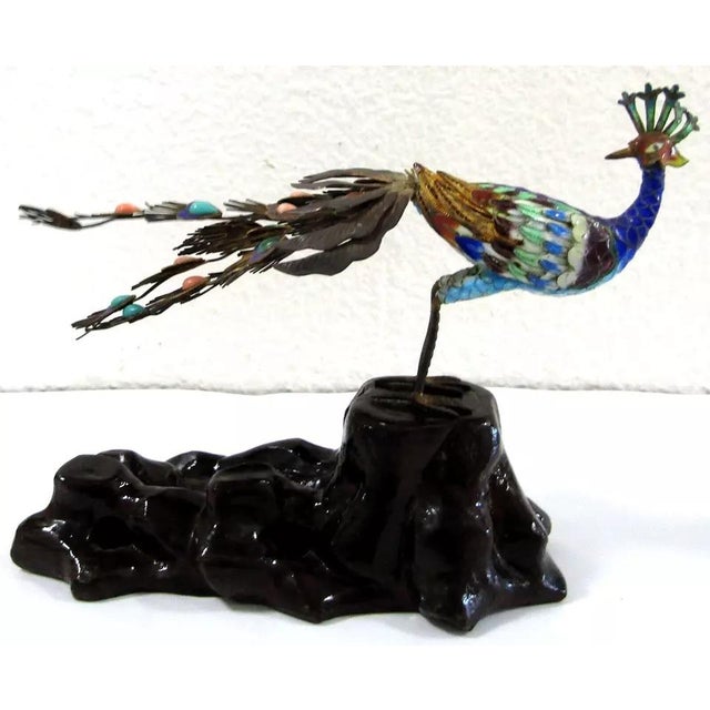 Antique Chinese Silver Gilt Cloisonne Jeweled Peacock Bird Sculpture, 19th Century For Sale In Miami - Image 6 of 12