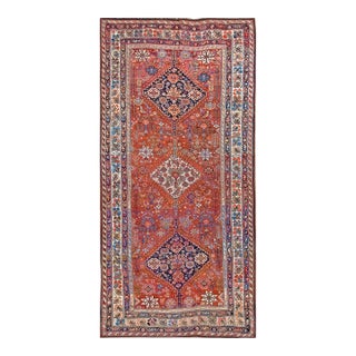 1890s Red Medallion Antique Persian Ghashghaie Carpet 5'6" X 11' Knotted Wool Rug Runner For Sale