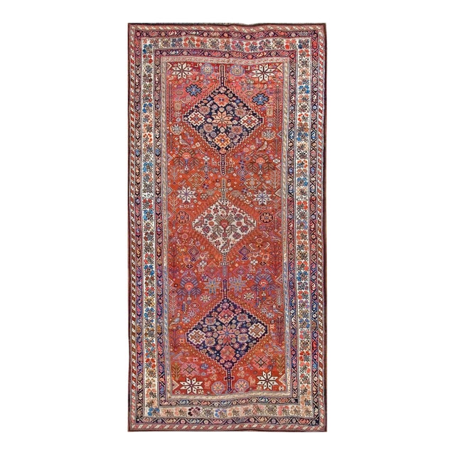1890s Red Medallion Antique Persian Ghashghaie Carpet 5'6" X 11' Knotted Wool Rug Runner For Sale