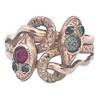 Antique Victorian 14k Yellow Gold Double Snake Ring With Gemstones, Size 6.5 For Sale