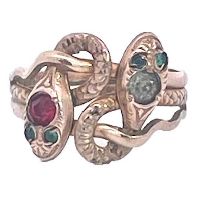 Antique Victorian 14k Yellow Gold Double Snake Ring With Gemstones, Size 6.5 For Sale