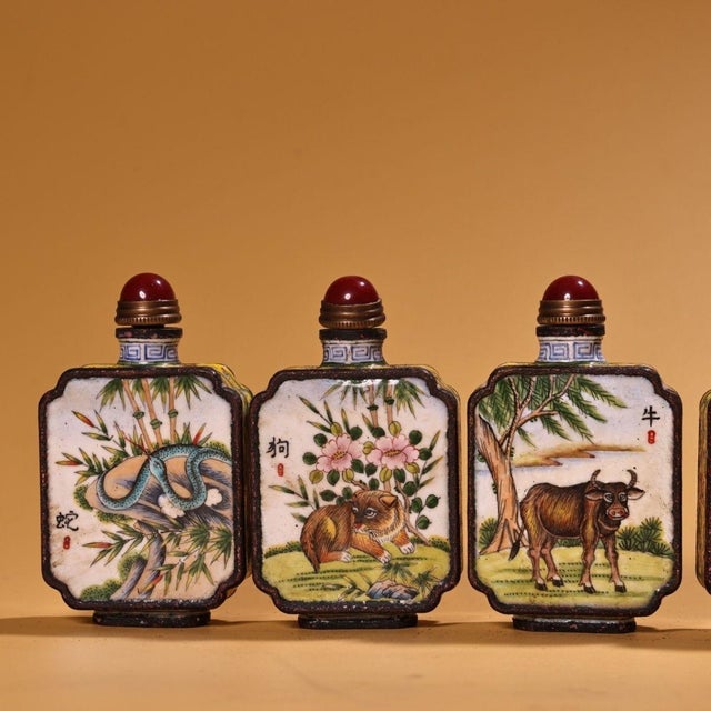 Metal Set of 6 Antique Cloisonné Enamel Zodiac Snuff Bottles, 480g Total, 12 Designs For Sale - Image 7 of 10
