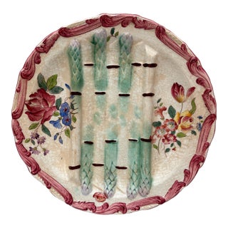19th Century Longchamp Majolica Asparagus Plate With Flowers For Sale