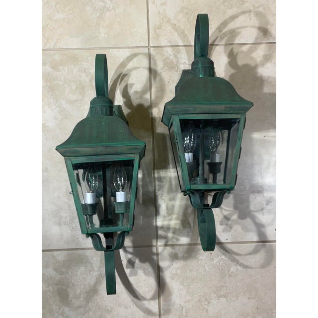 Pair of Vintage Solid Brass Outdoor Wall Lanterns - 22”h X 7”.5 W X 7”.5 D For Sale - Image 14 of 16