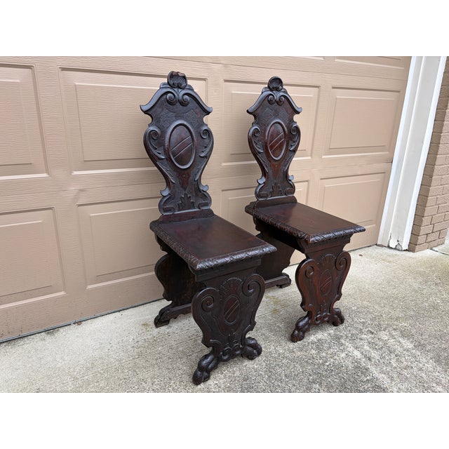 Renaissance Antique 19th Century Italian Renaissance Hand Carved Walnut Hall Chairs, Pair For Sale - Image 3 of 10