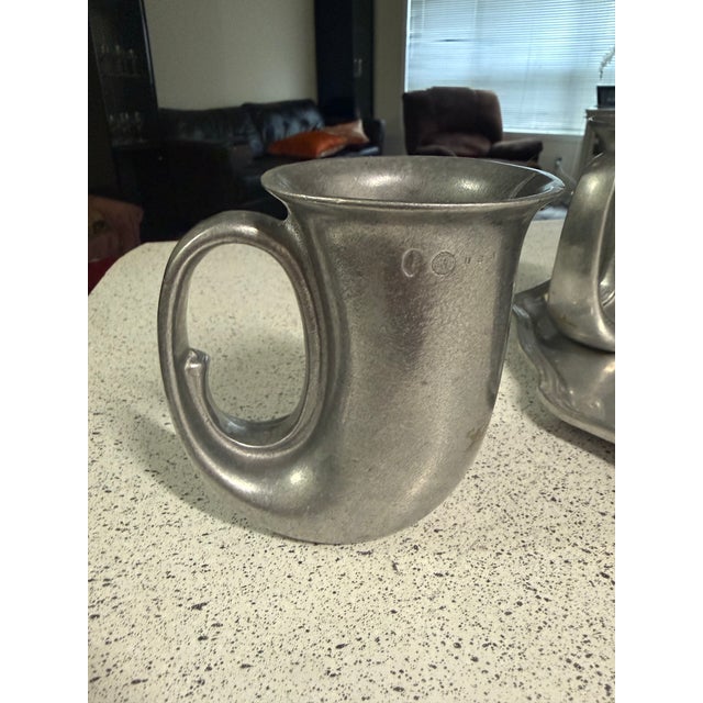French 1970s Wilton 4 12 Oz. Pewter French Horn Noggin Beer Stein Mugs With Tray - 5 pcs For Sale - Image 3 of 12