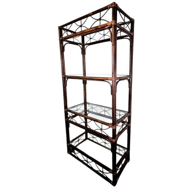 1970s Vintage Rattan Bamboo Etagere With Glass Shelves, Coastal Palm Beach Regency, 74" For Sale - Image 5 of 13