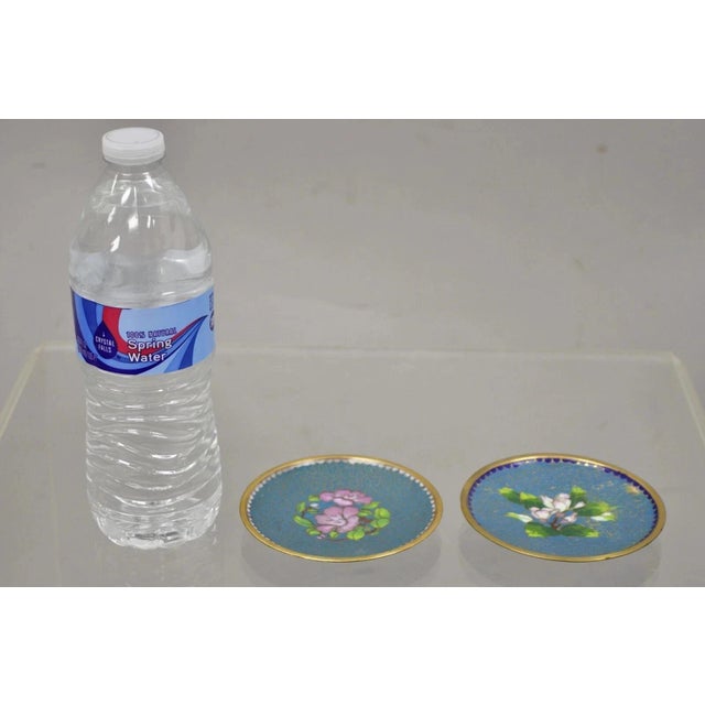 Vintage Brass Enamel Blue & Gold Floral Cloisonne Small Trinket Dish Set - a Pair. Circa Late 20th Century. Measurements:...