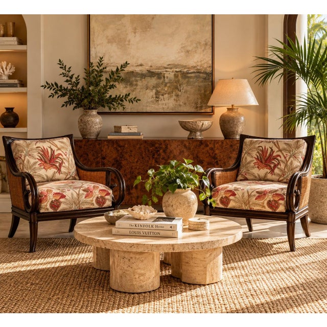 Stunning pair of Palecek coastal organic lounge armchairs featuring beautifully sculpted dark-stained rattan frames,...