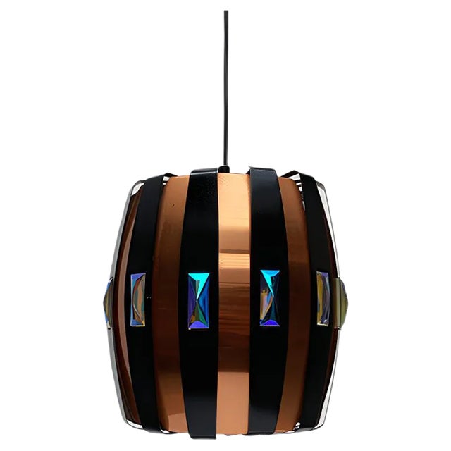 Mid-Century Danish Copper & Black Metal and Prism Pendant Lamp by Werner Schou for Coronell Elektro For Sale