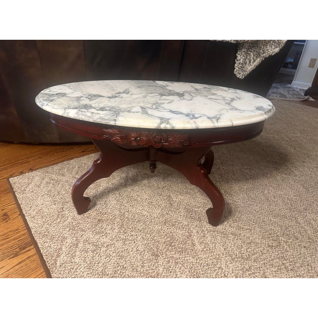 Vintage Oval Marble-Top Coffee Table With Carved Floral Apron (Nice) For Sale - Image 6 of 12