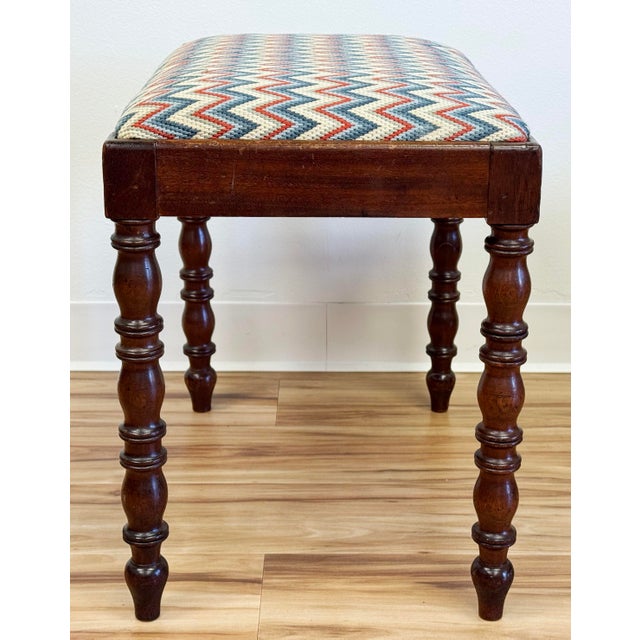 Wood Vintage Turned Wood Stool With Zig Zag Upholstered Seat For Sale - Image 7 of 9