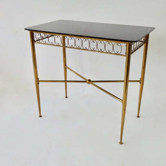 Tommi Parzinger Style Brass Base Vitrolite Glass Top Console Table For Sale In Detroit - Image 6 of 9