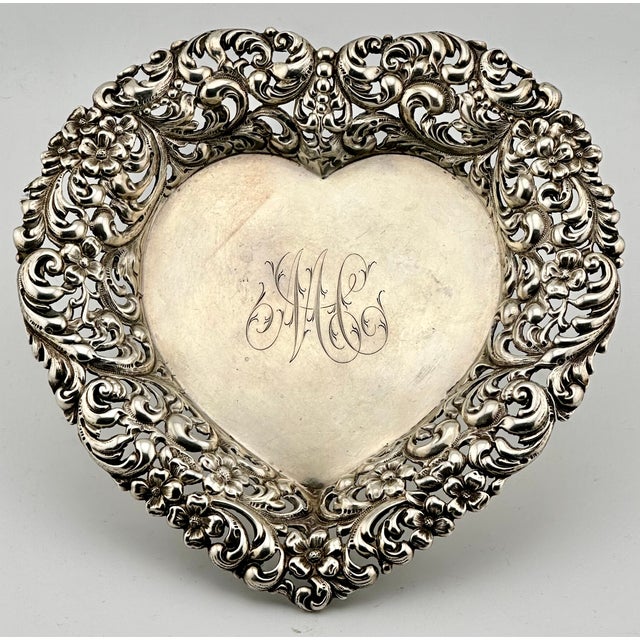 Victorian Late 19th Century Beautiful Original Matched Pair of Fancy Antique American Victorian Sterling Silver Heart Shape Bon Bon Serving Dishes For Sale - Image 3 of 18