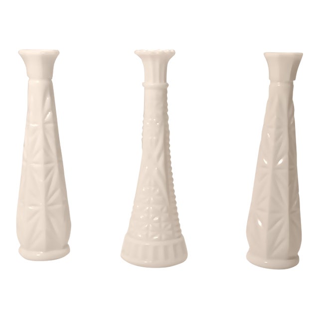 Set of 3 Vintage Milk Glass Vases Combo of Various Geometric Shapes For Sale