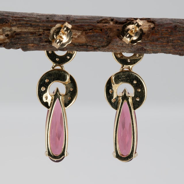 Metal 3.7Ct Rubellite Tourmaline Earrings With Natural Diamond Accents: Solid 14k Gold, A Pair For Sale - Image 7 of 7