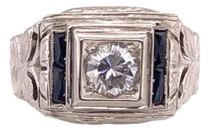 14 Karat White Gold Fashion Ring With Round Diamond and Sapphires