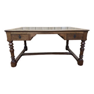 Louis XIII Style Flat Desk in Walnut and Leather For Sale