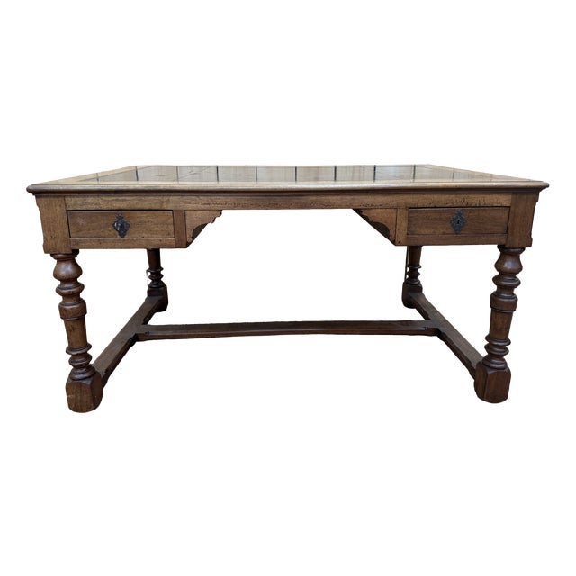 Louis XIII Style Flat Desk in Walnut and Leather For Sale