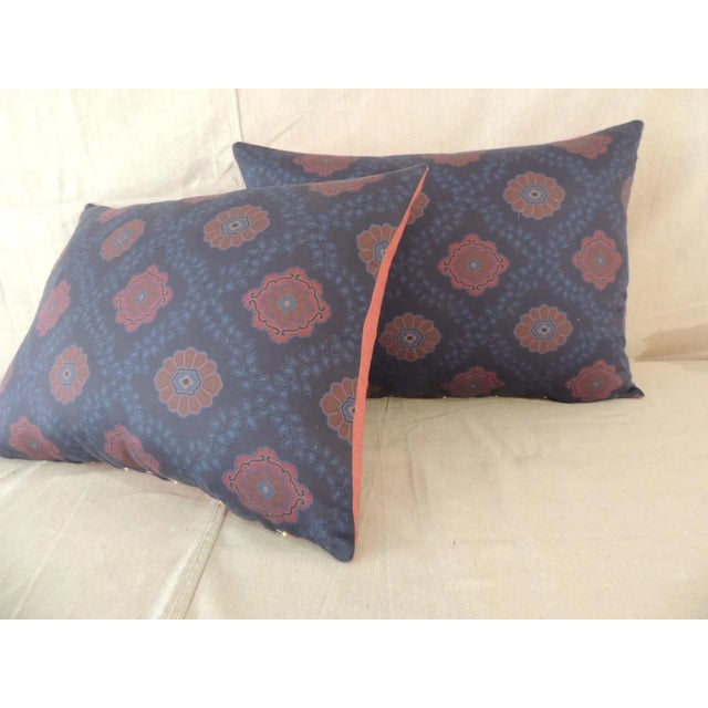 Red and Blue Satin Cotton Modern Bolster Decorative Pillows From Portugal- A Pair For Sale - Image 4 of 8