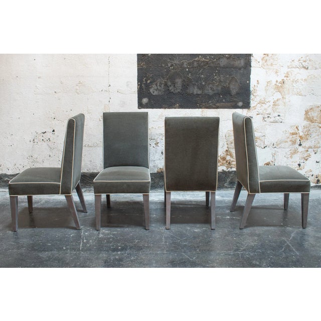 Fabulous set of 4 custom Nils dining chairs in grey mélange fabric with off white ultra leather contrast welt and Swedish...