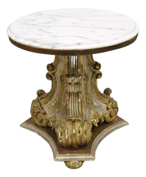 Italian Regency Florentine Carved Wood 18" Round Marble Top Pedestal Side Table