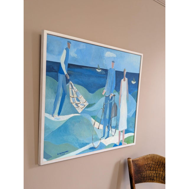 1987 Modernist 'Figures by the Sea' Vintage Swedish Original Coastal Landscape Oil Painting, Framed For Sale - Image 4 of 12