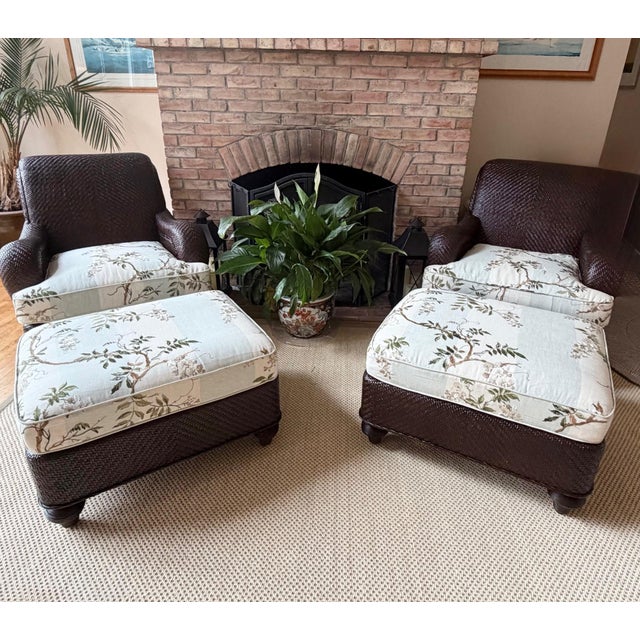 Traditional Rattan Wicker Lounge Chair and Ottoman by Hickory Chair in Colefax & Fowler by Mark Hampton For Sale - Image 3 of 18