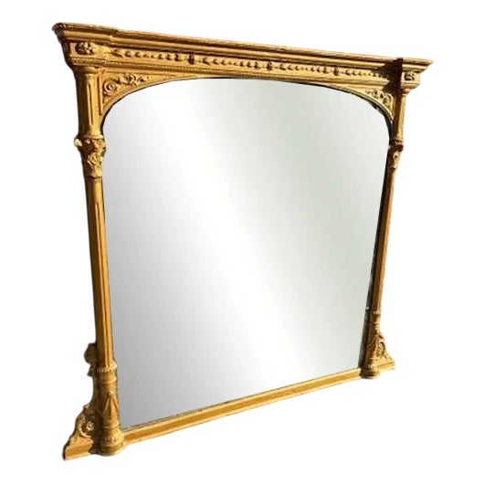 Large Antique English Carved Wood and Gesso Gilt Column Framed Mirror, 19th Century For Sale