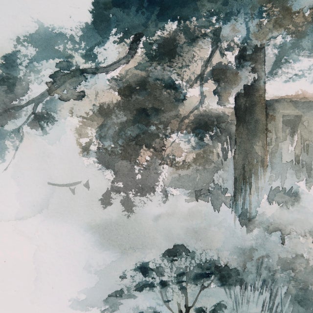 Teal Late 20th Century Original Landscape Watercolor by Tulsa Artist Ellen Shannon – Tree, House & Reflection Scene For Sale - Image 8 of 15