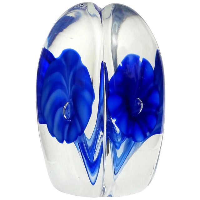 Beautiful vintage Murano hand blown rich sapphire blue flowers Italian art glass paperweight. Documented to the Fratelli...