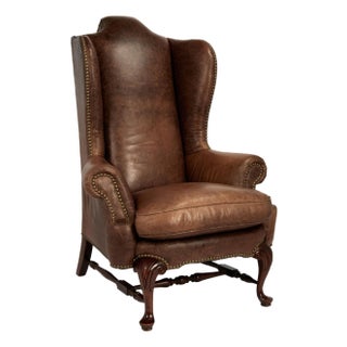 Vintage Leather Queen Anne Style Wingback Chair by Beacon Hill For Sale