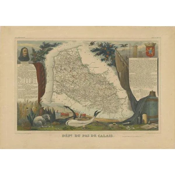 Antique map titled 'Dépt. du Pas de Calais'. Map of the French department of Calais, France. This area is known for...