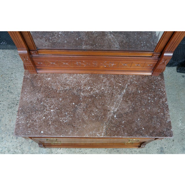 Antique Victorian Eastlake Walnut Burl Marble Top Dresser & Mirror Vanity Chest For Sale - Image 15 of 15