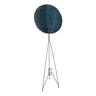 Mid-Century Tripod Floor Lamp with Blue Raffia Shade, 1950s For Sale