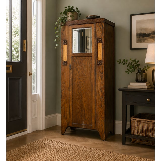 A compact Edwardian Arts & Crafts oak hall wardrobe, beautifully crafted in quarter-sawn oak with a mirrored door, pierced...