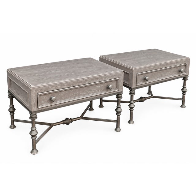 Kreiss wooden and iron nightstands. Well made. Vintage set. Refinished for listing in gray ceruse . Top is made of alder,...