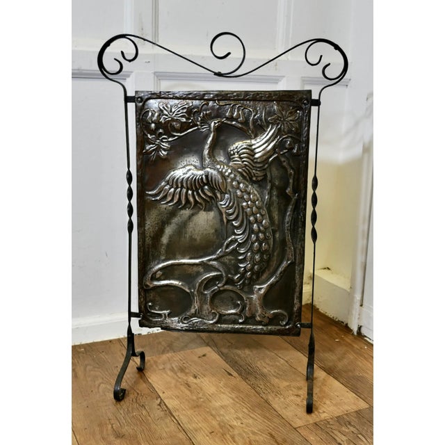 Arts and Crafts Peacock Polished Iron Fire Screen For Sale - Image 5 of 6