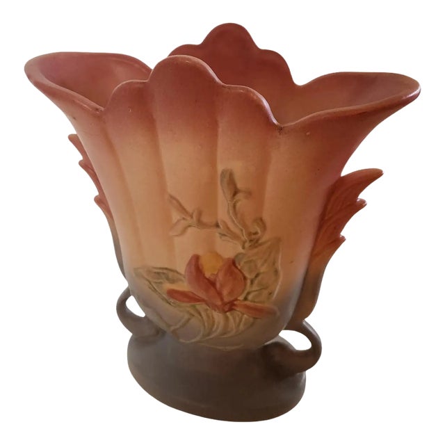 1950s Hull Pottery Pink Flower Vase Art Deco Double Handle For Sale