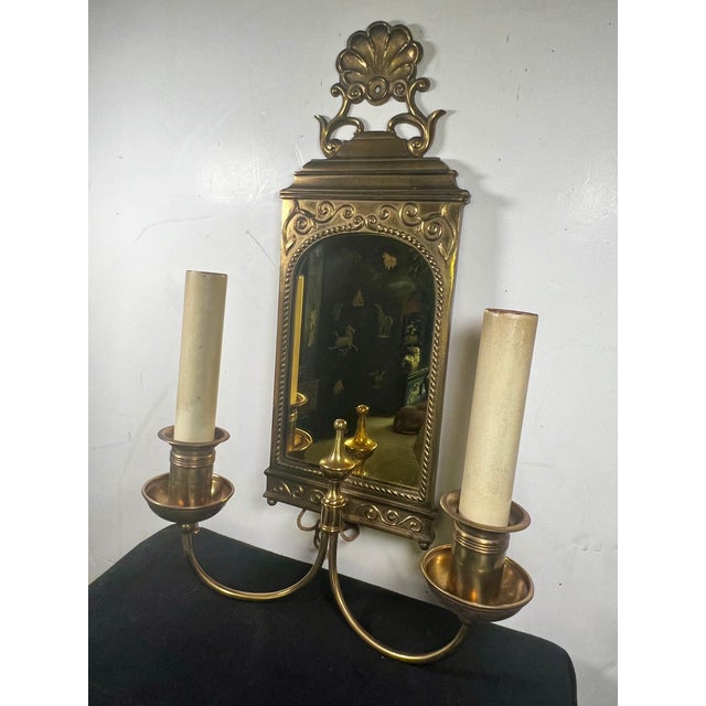 Vintage Brass Double Arm Hardwired Wall Sconce With Mirror For Sale - Image 4 of 9