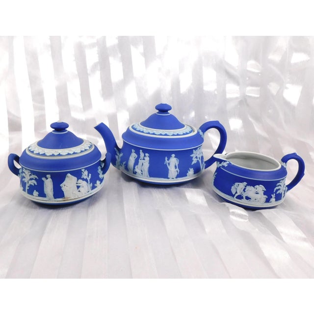 1960s Portland Blue Wedgwood Jasperware Teapot Sugar Bowl and Creamer For Sale - Image 4 of 13