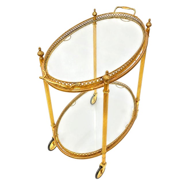 Mid-Century Modern Maison Jansen Attributed Brass Bar Cart Vintage French Mid-Century Modern Hollywood Regency For Sale - Image 3 of 13